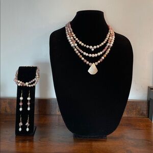 Genuine Sunstone, Cultured Pearl and Shell Jewelry Set - Handcrafted
